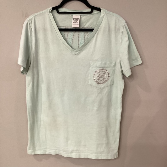 PINK Victoria’s Secret S Mint Short Sleeve T-Shirt Preowned with Sequins on Back - Picture 2 of 5